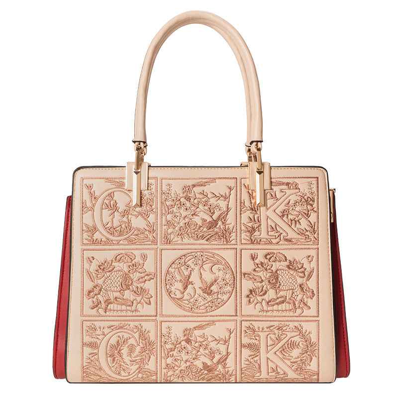 Embroidered Leather Top Handle Handbag