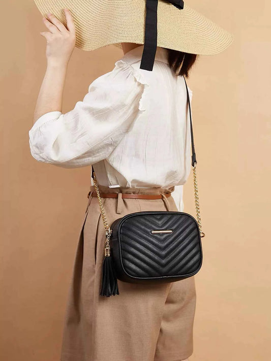Quilted PU Leather Crossbody Bag with Tassel