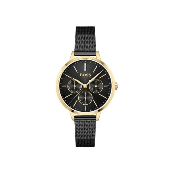 Hugo Boss Womens 1502601 Symphony Gold Tone And Black Mesh Bracelet Watch -korean beauty