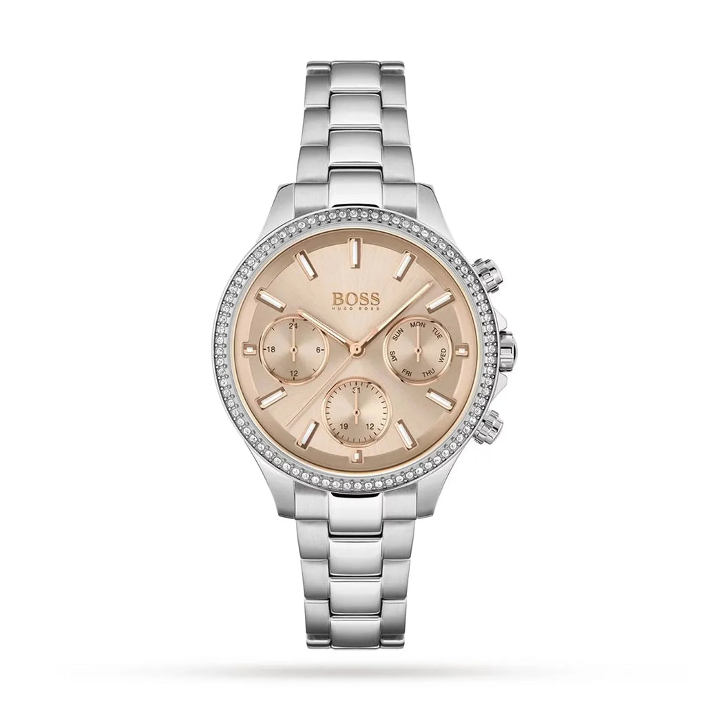 Hugo Boss Womens 1502565 Pandora Silver Tone Stainless Steel Watch With Rose Gold Dial -korean beauty