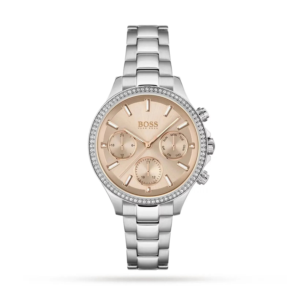 Hugo Boss Womens 1502565 Pandora Silver Tone Stainless Steel Watch With Rose Gold Dial -korean beauty