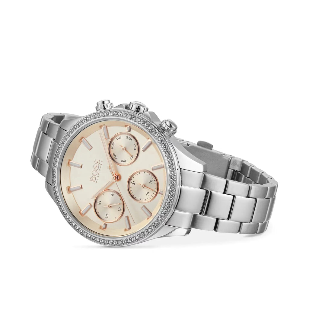 Hugo Boss Womens 1502565 Pandora Silver Tone Stainless Steel Watch With Rose Gold Dial -korean beauty