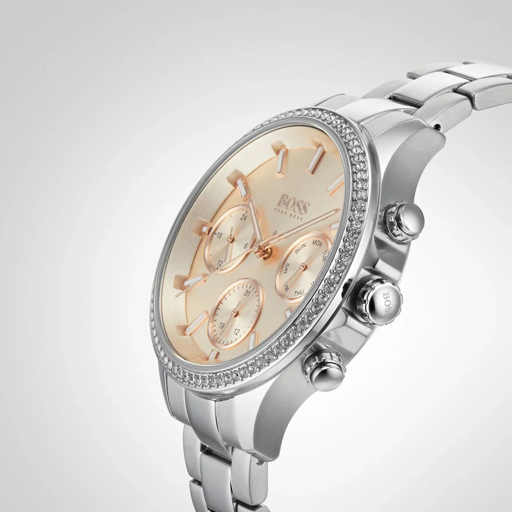 Hugo Boss Womens 1502565 Pandora Silver Tone Stainless Steel Watch With Rose Gold Dial -korean beauty