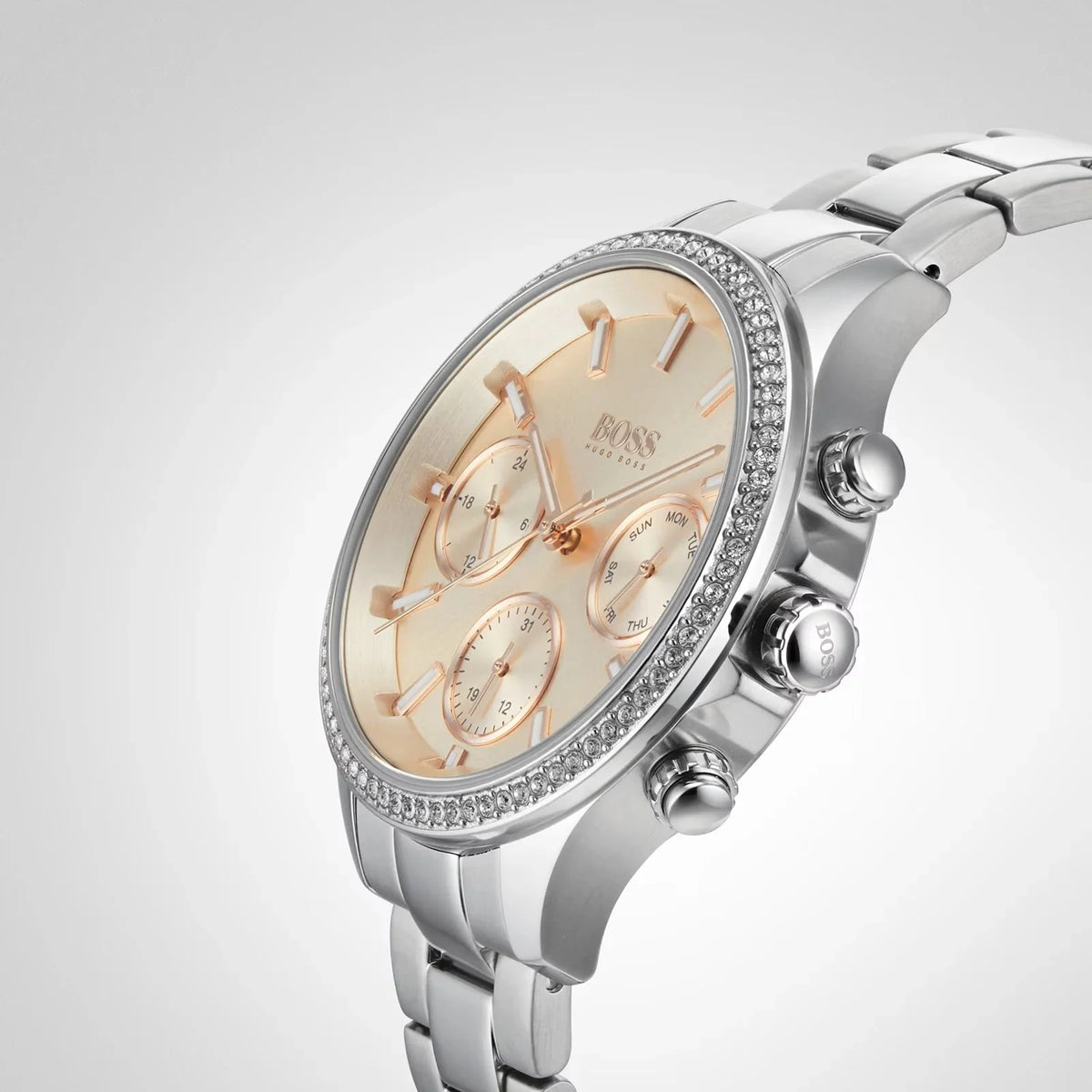 Hugo Boss Womens 1502565 Pandora Silver Tone Stainless Steel Watch With Rose Gold Dial -korean beauty