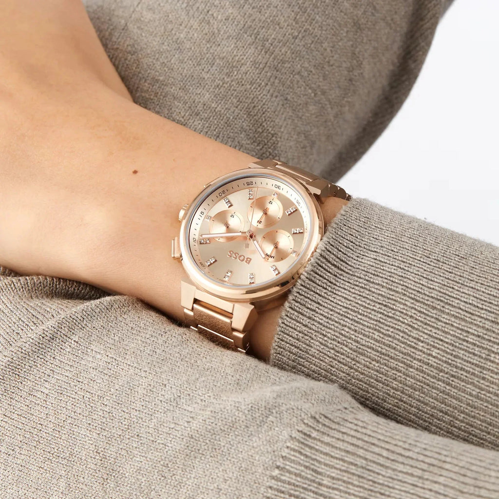 Hugo Boss Womens 1502592 Pandora Gold Tone Stainless Steel Watch With Black Dial -korean beauty