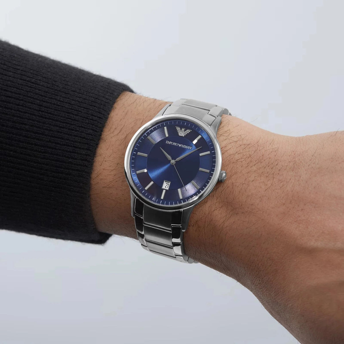 Emporio Armani Mens Ar11180 Silver Tone Stainless Steel Watch With Blue Dial -korean beauty