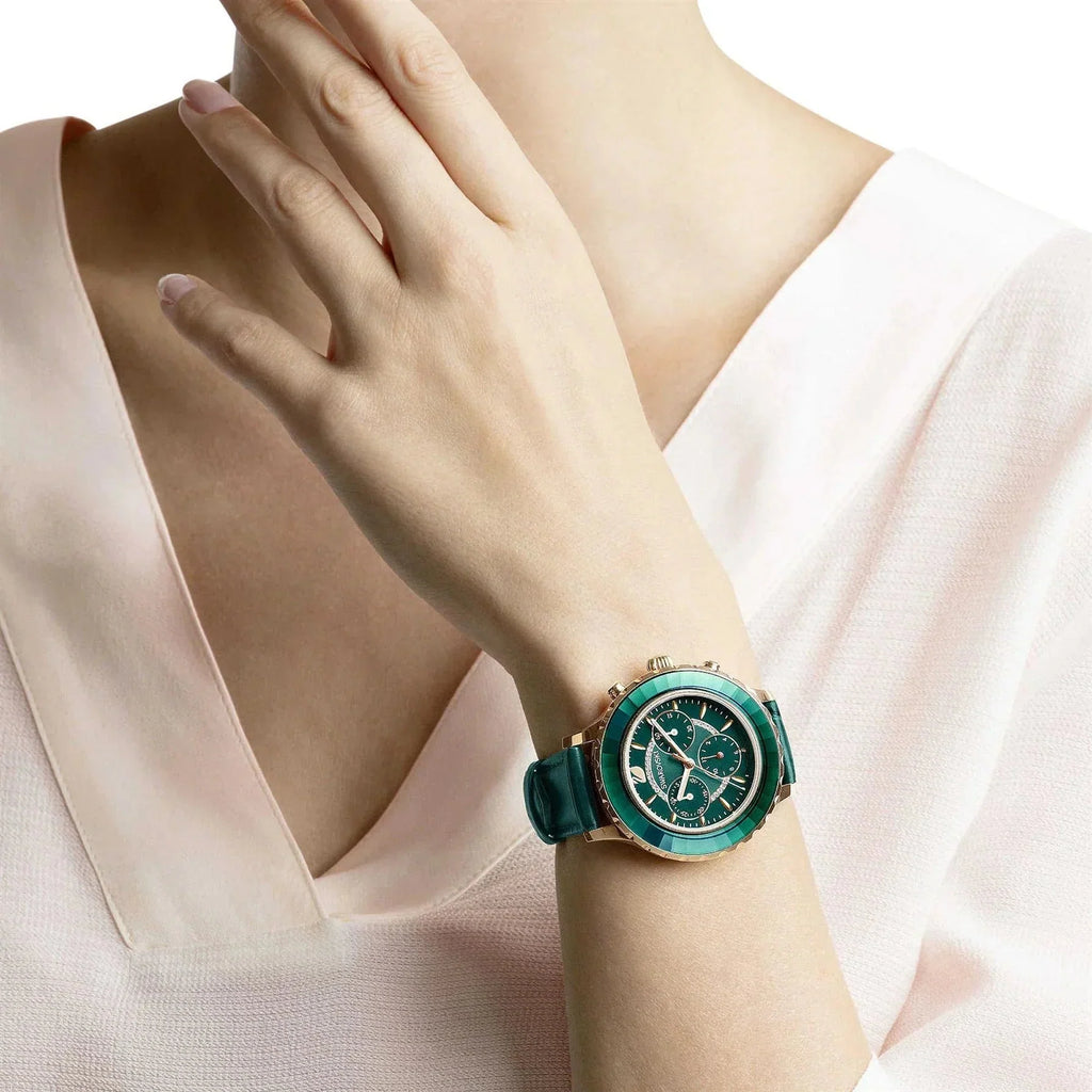 Swarovski Octea Lux Chrono Ladies Green Rose Gold Watch 5452498 -korean beauty