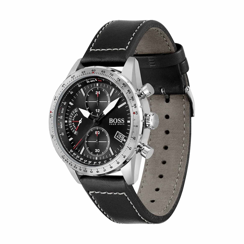 Hugo Boss Mens 1513853 Chronograph Pilot Edition Watch With Black Leather Strap -korean beauty