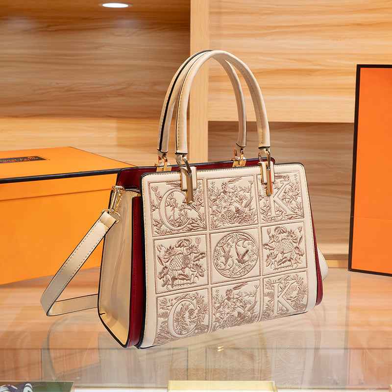 Embroidered Leather Top Handle Handbag