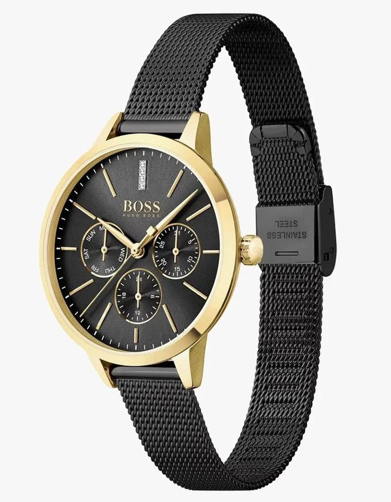 Hugo Boss Womens 1502601 Symphony Gold Tone And Black Mesh Bracelet Watch -korean beauty