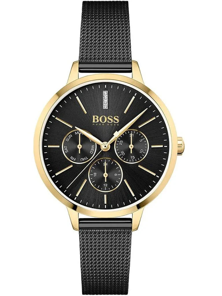 Hugo Boss Womens 1502601 Symphony Gold Tone And Black Mesh Bracelet Watch -korean beauty