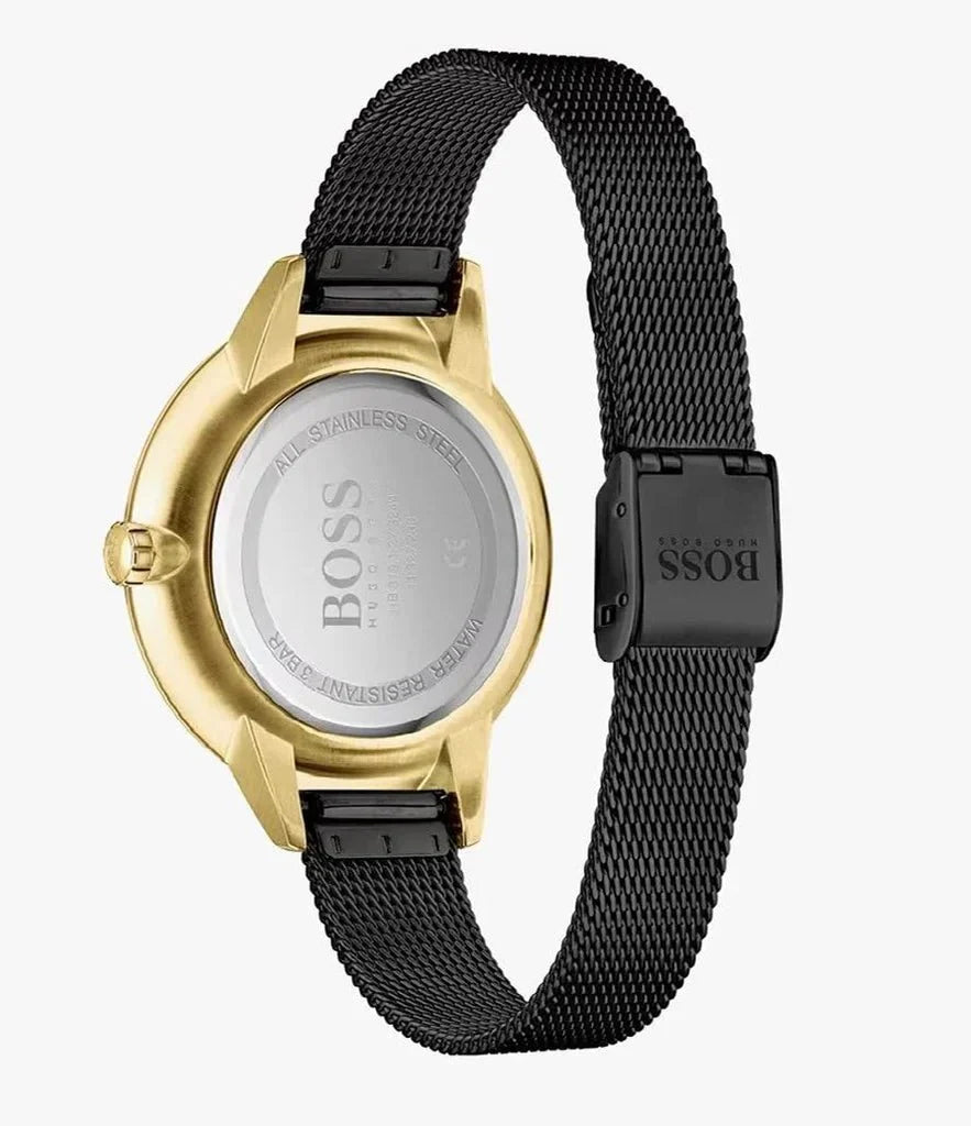 Hugo Boss Womens 1502601 Symphony Gold Tone And Black Mesh Bracelet Watch -korean beauty