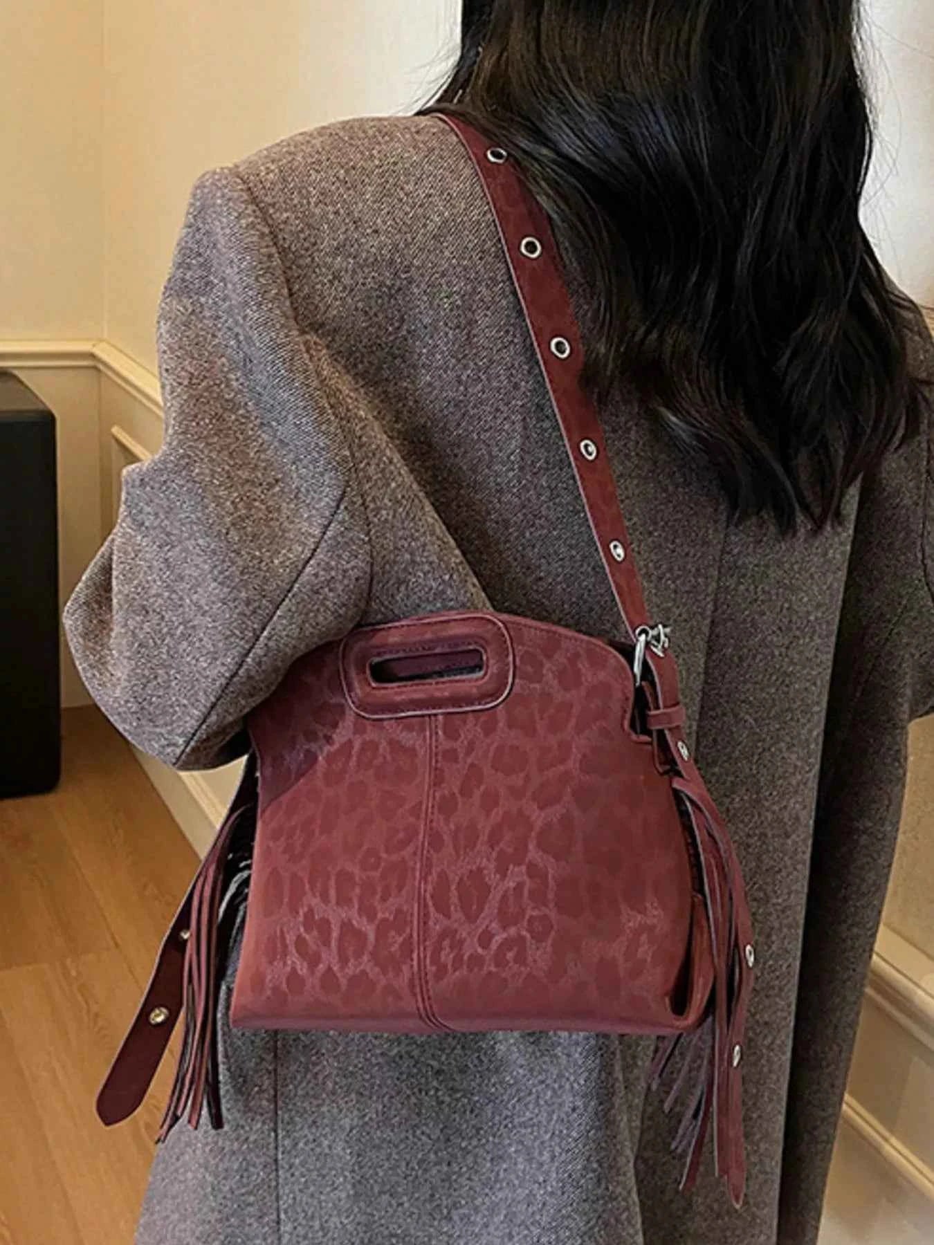 Fringe Leopard Handle Crossbody Bag