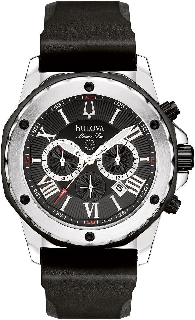 Bulova Marine Star Chronograph Black Dial Black Rubber Strap Watch For Men 98b127 -korean beauty