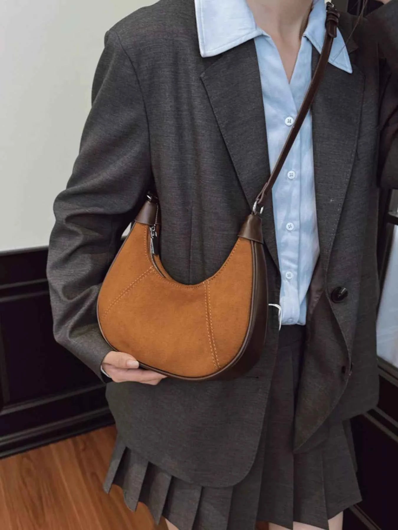 Suede Crescent Shoulder Bag