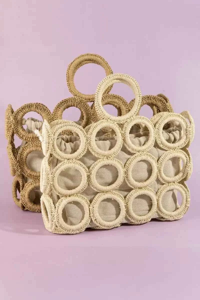 Fame Straw Round Pattern Mesh Hand Bag