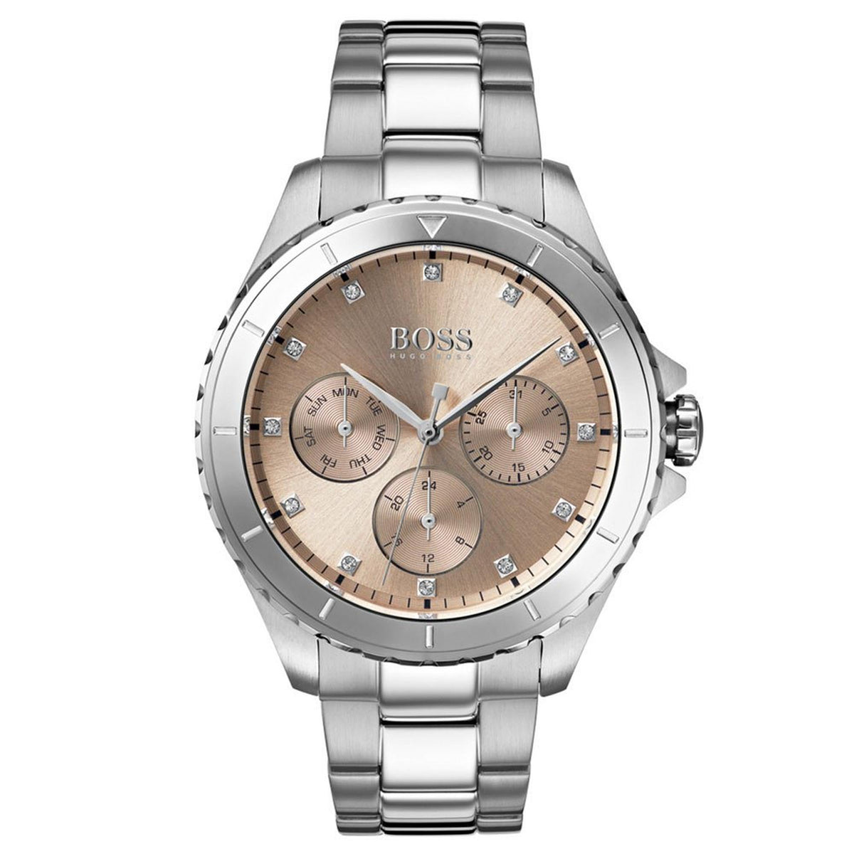 Hugo Boss Womens 1502444 Premiere Silver Tone Stainless Steel Watch With Rose Gold Di -korean beauty