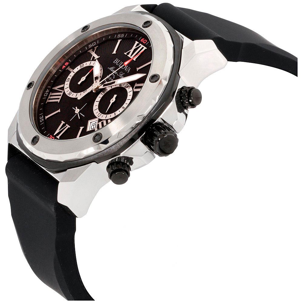 Bulova Marine Star Chronograph Black Dial Black Rubber Strap Watch For Men 98b127 -korean beauty
