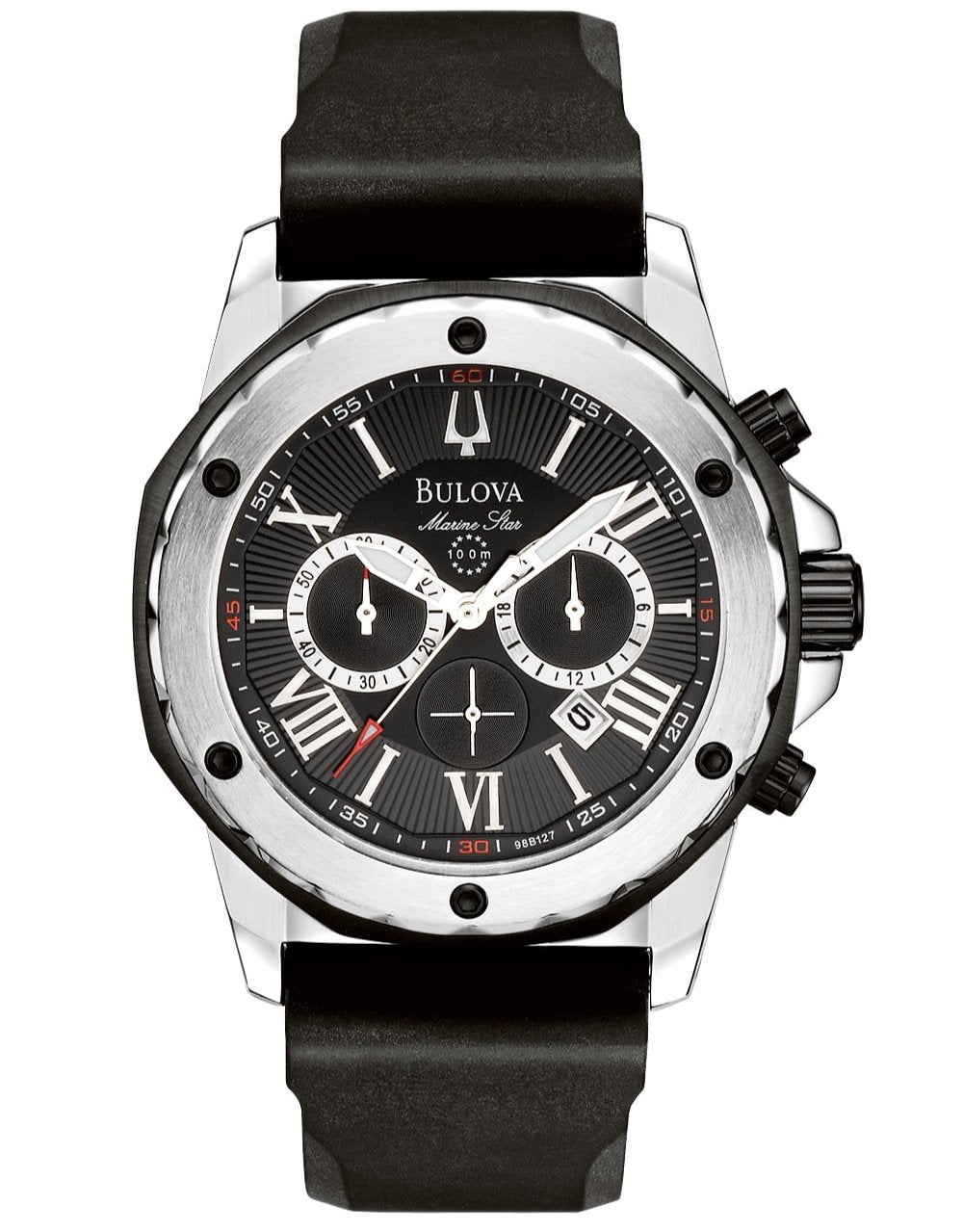 Bulova Marine Star Chronograph Black Dial Black Rubber Strap Watch For Men 98b127 -korean beauty