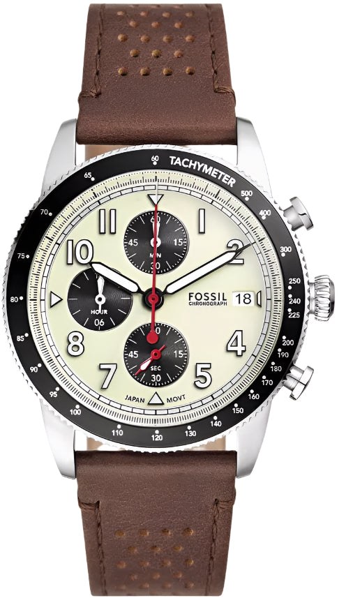 Fossil Sport Tourer Chronograph Brown Leather Strap Cream Dial Men S Watch Fs6042 -korean beauty