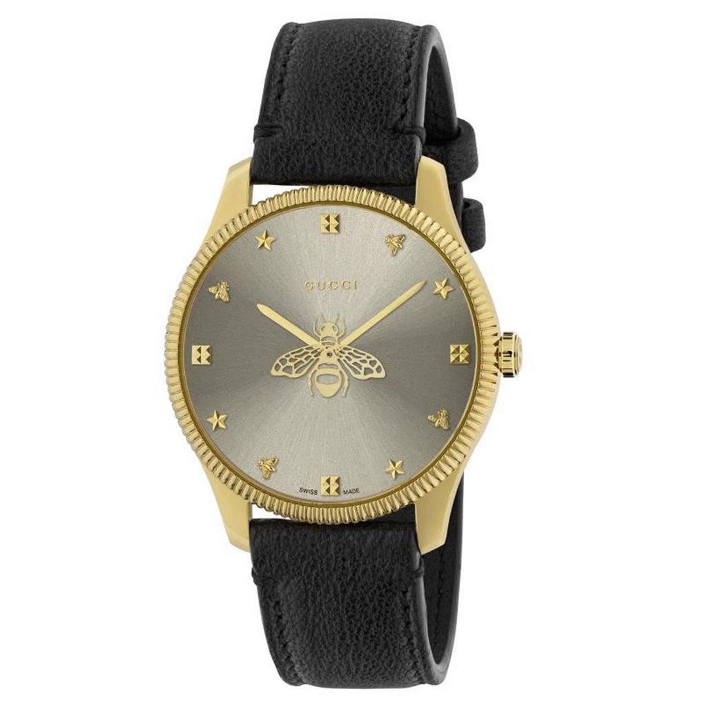 Gucci G Timeless Gold Tone Black Leather Quartz Watch Ya1264181 -korean beauty