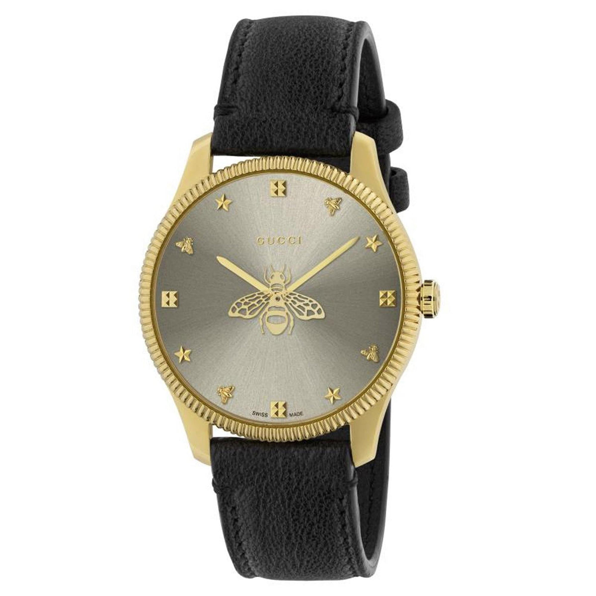 Gucci G Timeless Gold Tone Black Leather Quartz Watch Ya1264181 -korean beauty