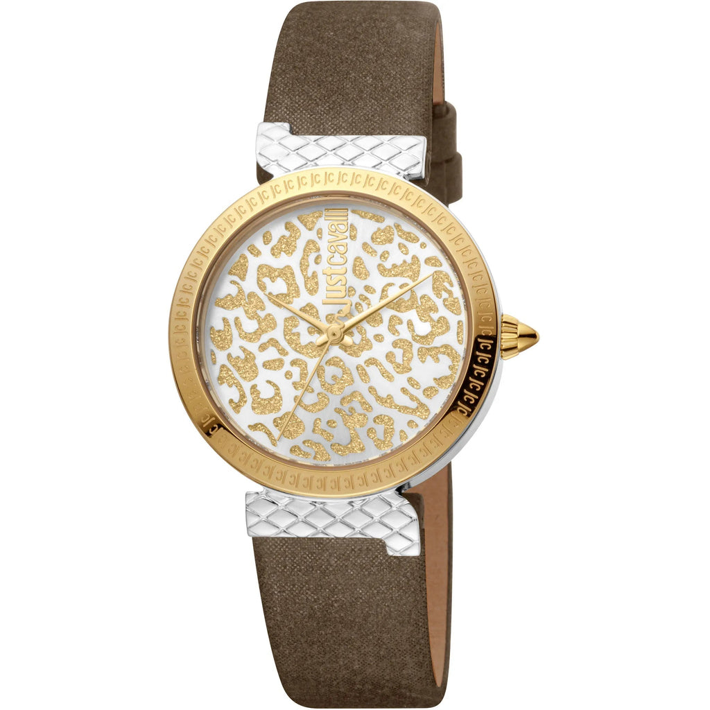 Just Cavalli Vibrazioni Leather Brown Yellow Gold Leopard Glitter -korean beauty