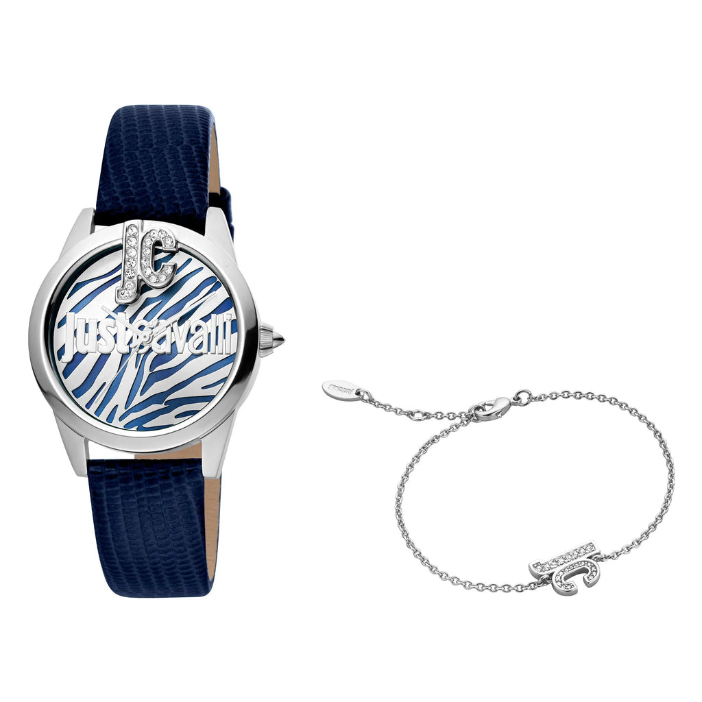 Just Cavalli Logomania SET Leather Blue Silver Zebra Zircons -korean beauty