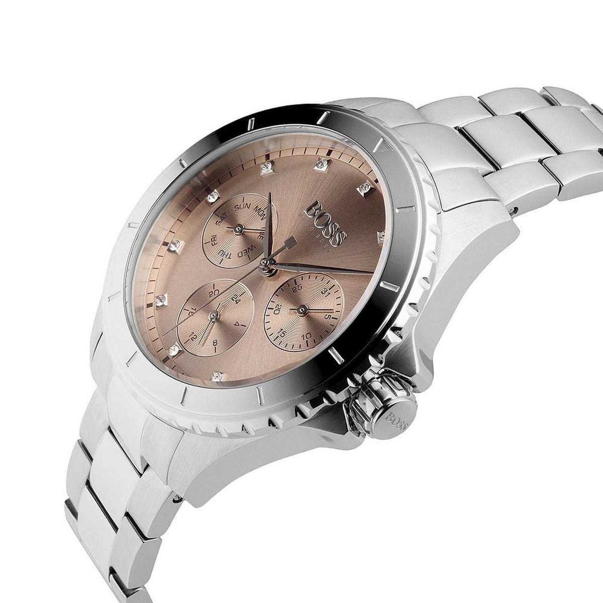 Hugo Boss Womens 1502444 Premiere Silver Tone Stainless Steel Watch With Rose Gold Di -korean beauty