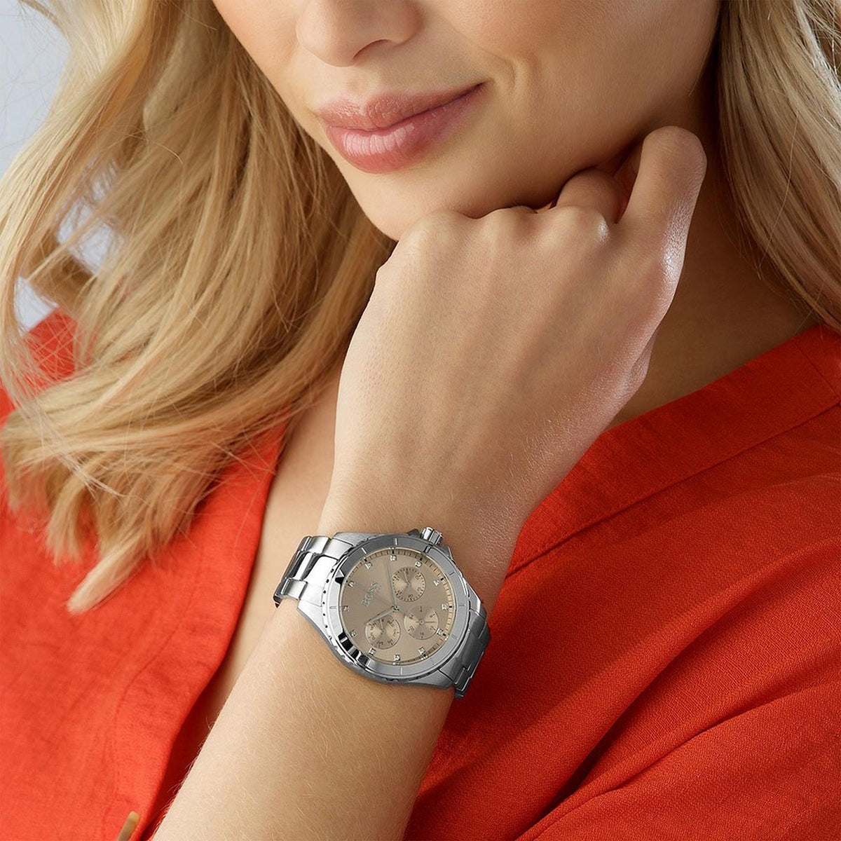 Hugo Boss Womens 1502444 Premiere Silver Tone Stainless Steel Watch With Rose Gold Di -korean beauty