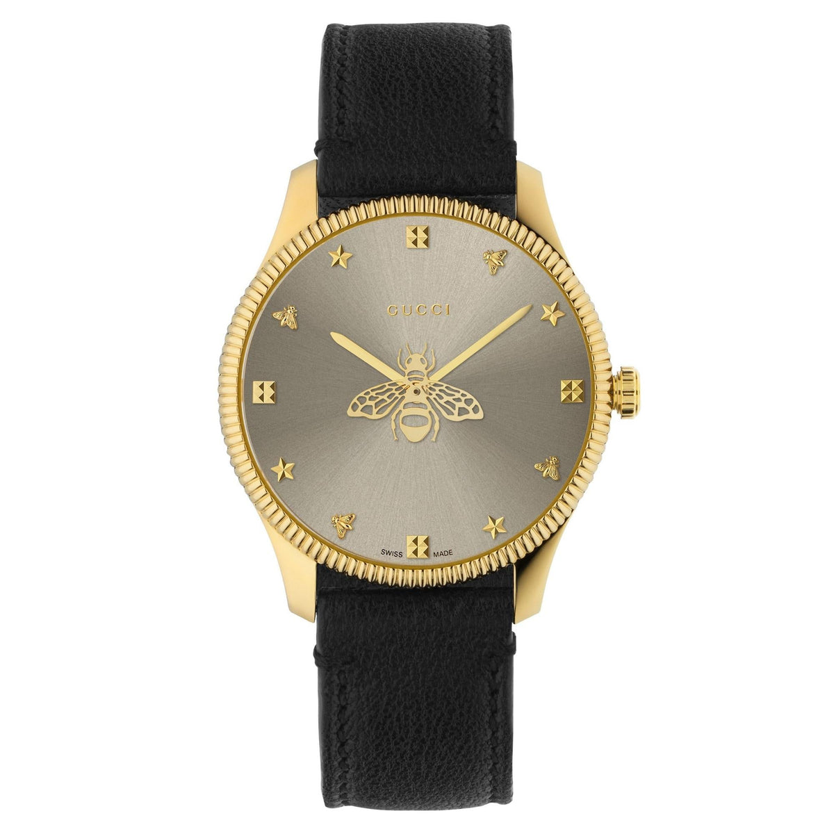 Gucci G Timeless Gold Tone Black Leather Quartz Watch Ya1264181 -korean beauty