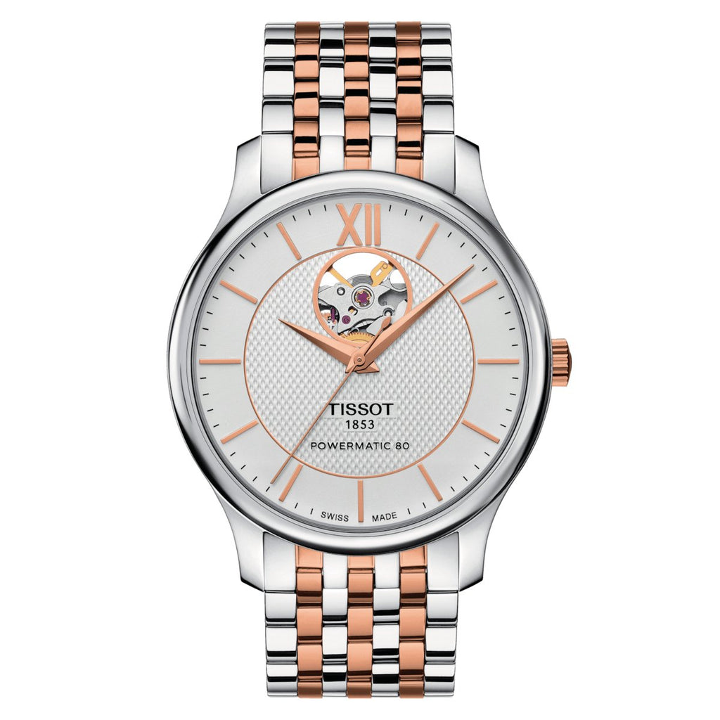 Tissot Mens Watch Tradition Powermatic 80 Open Heart Rose Silver T0639072203801 -korean beauty