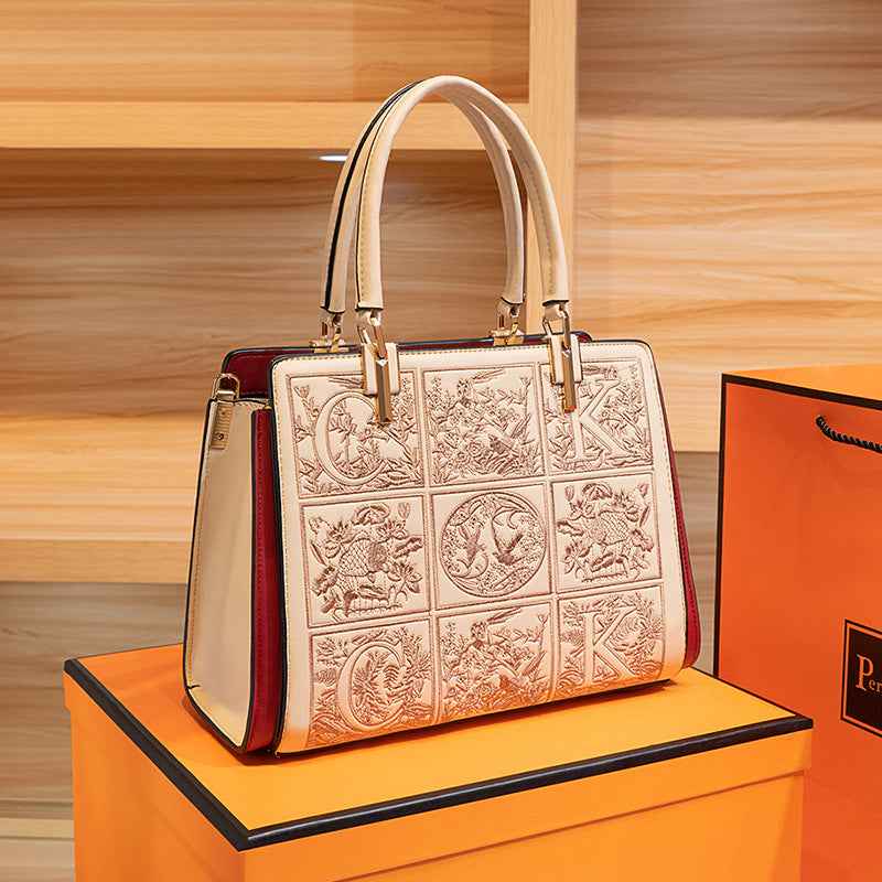 Embroidered Leather Top Handle Handbag