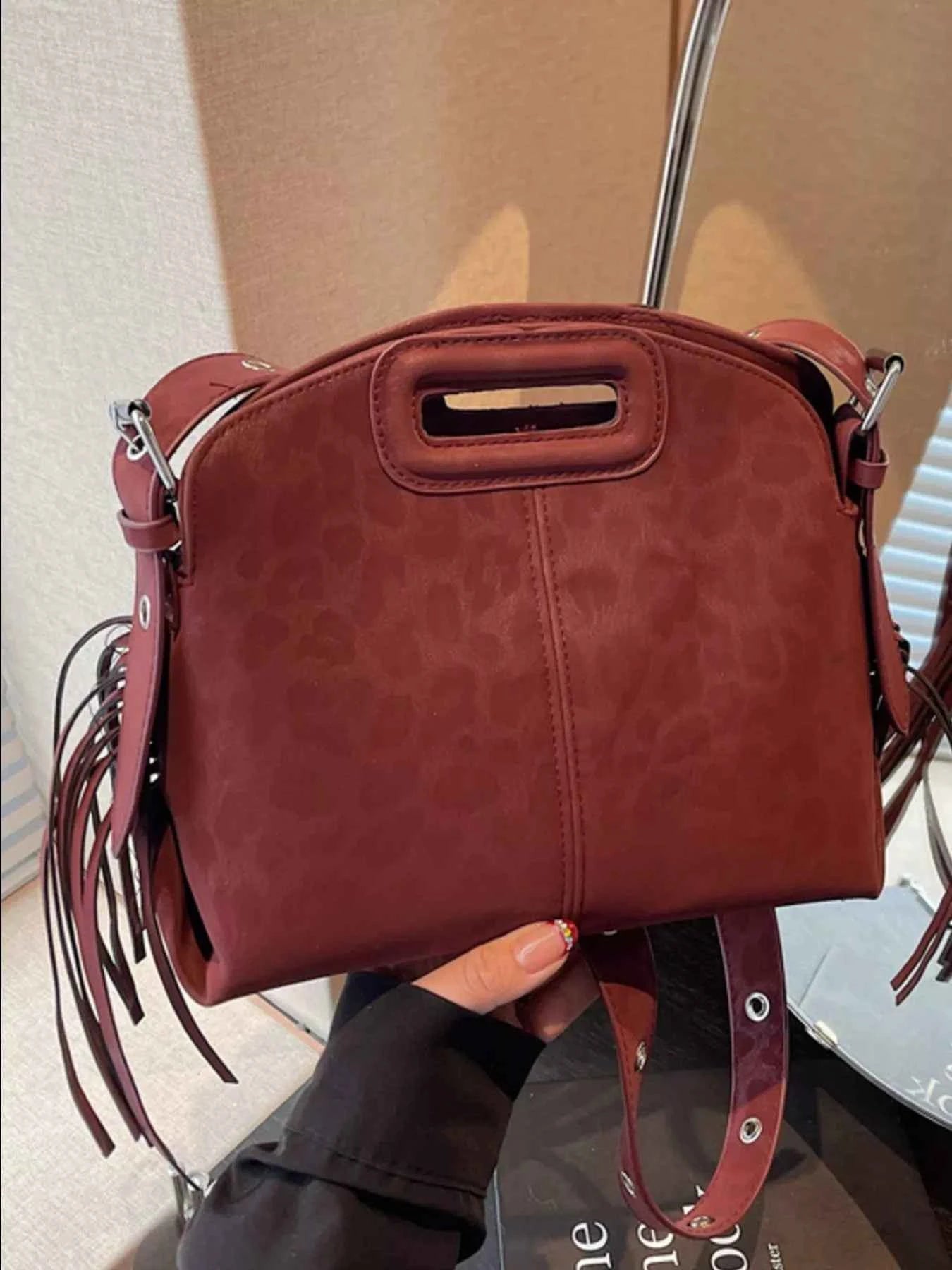 Fringe Leopard Handle Crossbody Bag