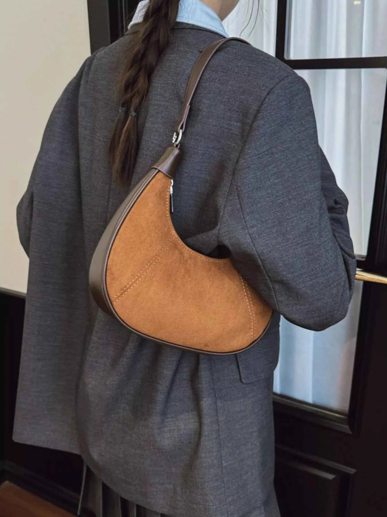 Suede Crescent Shoulder Bag