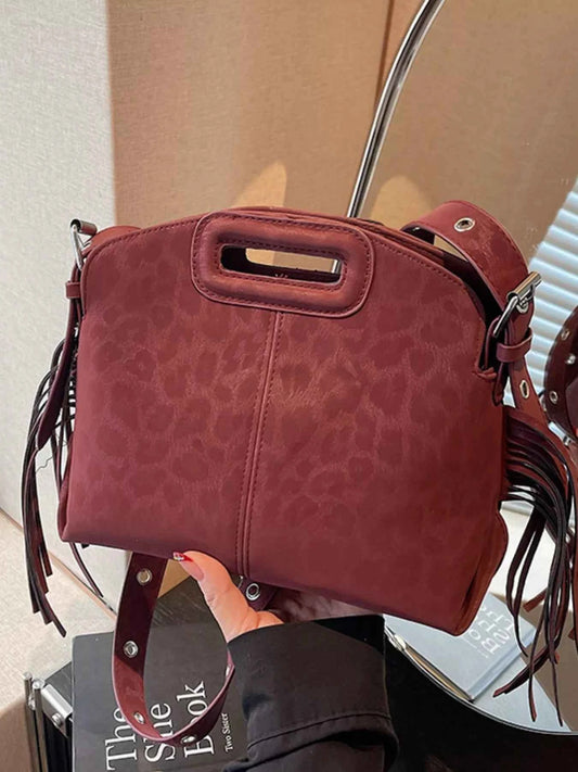 Fringe Leopard Handle Crossbody Bag
