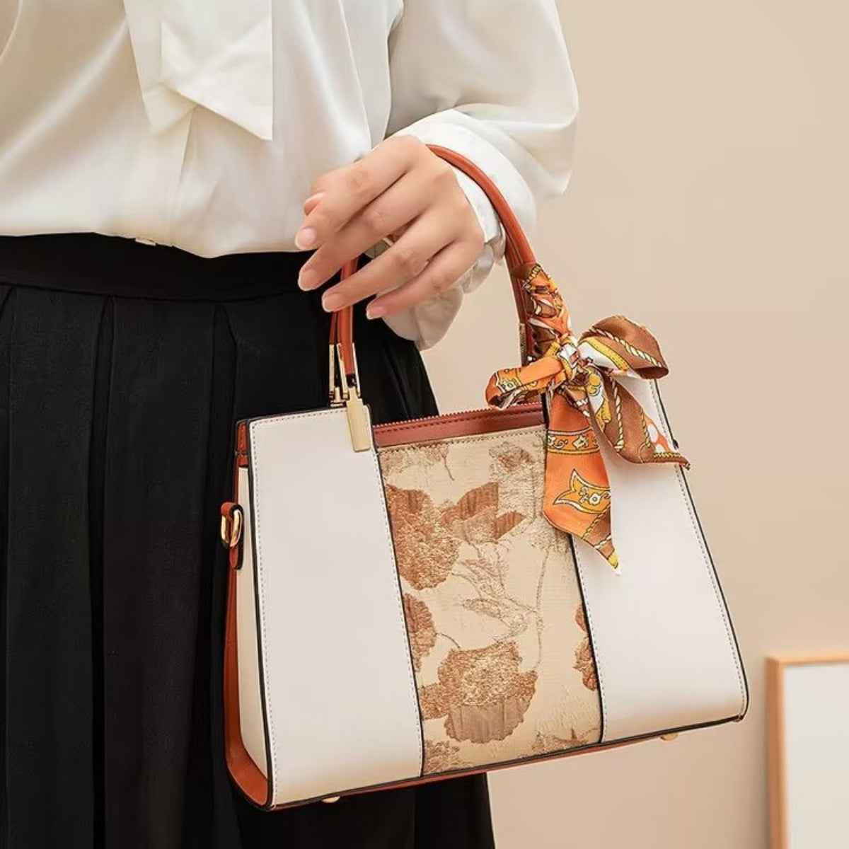 Top Handle Handbag with Scarf Accent