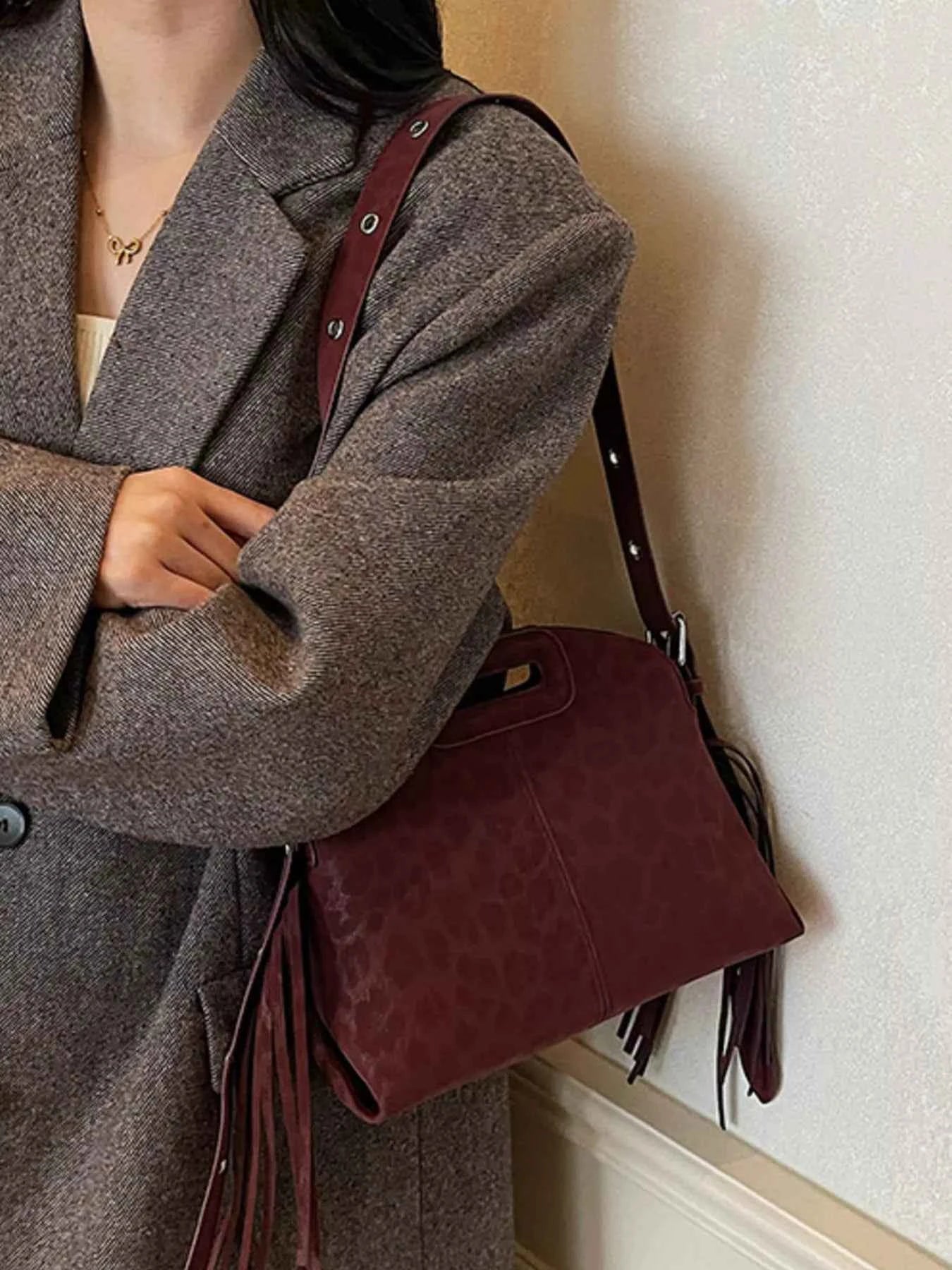 Fringe Leopard Handle Crossbody Bag