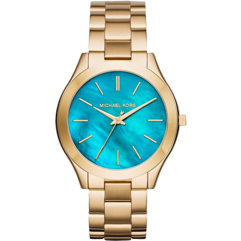 Michael Kors Mk3492 Ladies Slim Runway Gold Ocean Blue Watch -korean beauty