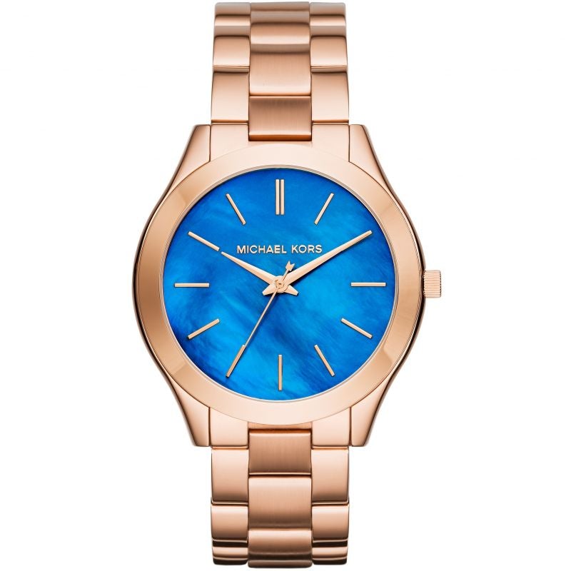 Michael Kors Mk3494 Ladies Slim Runway Rose Gold Dark Blue Watch -korean beauty