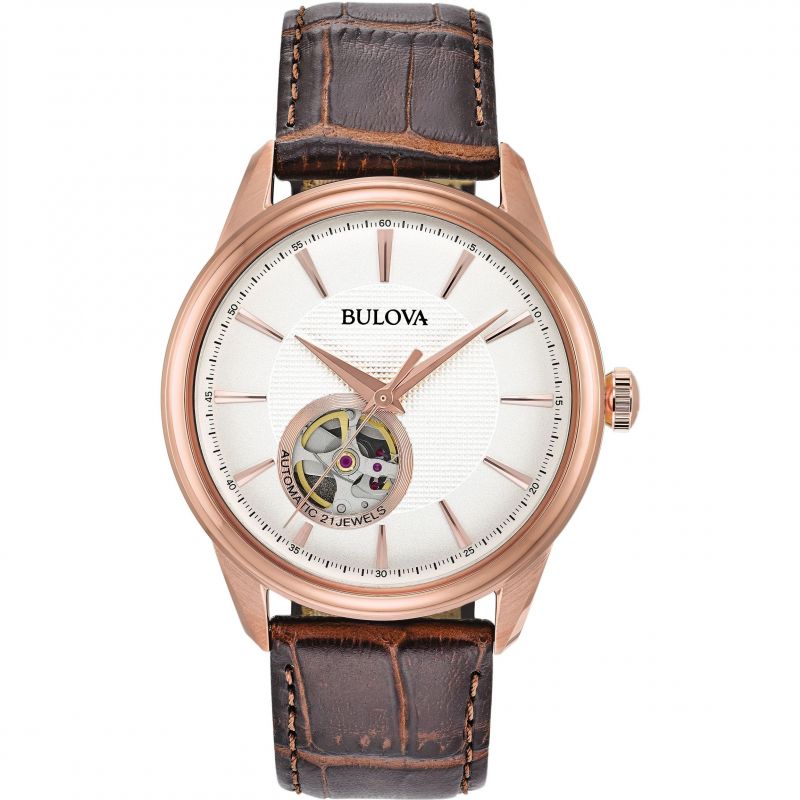 Bulova Classic Skeleton Auto Mens Brown Watch 97a133 -korean beauty