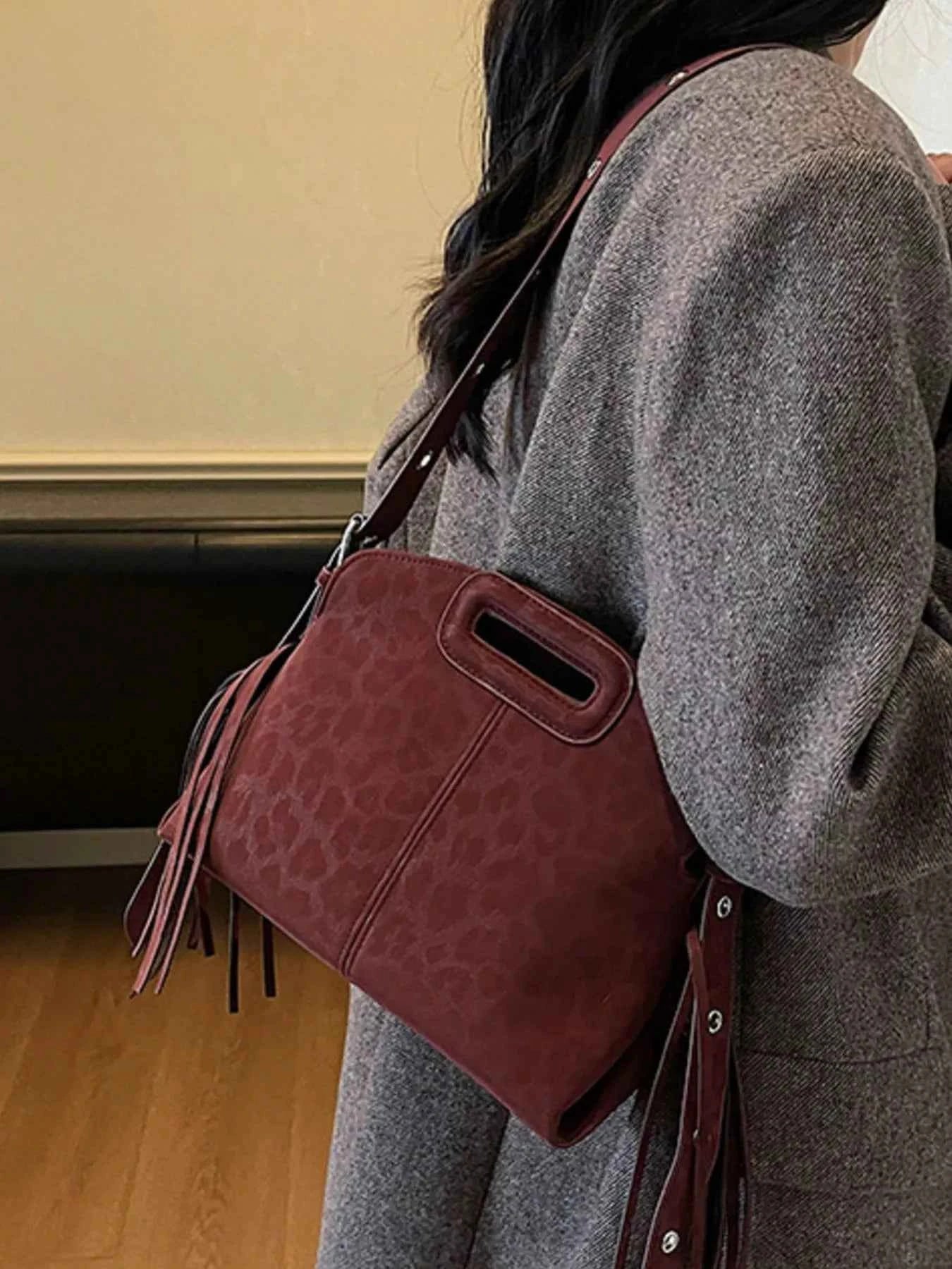 Fringe Leopard Handle Crossbody Bag