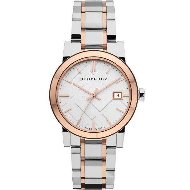 Burberry Ladies Watch Check Stamped Two Tone Bu9105 -korean beauty