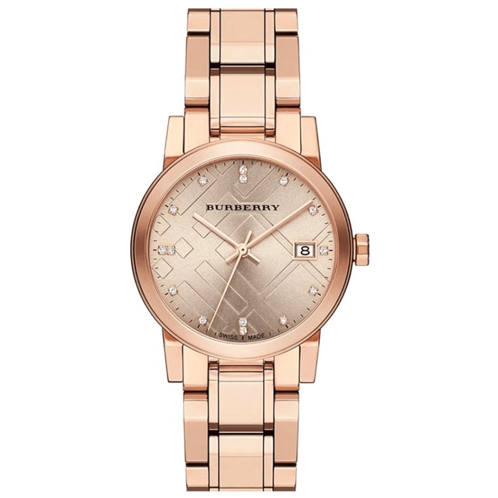 Burberry Ladies Watch Diamond Check Stamped Rose Gold Pvd Bu9126 -korean beauty