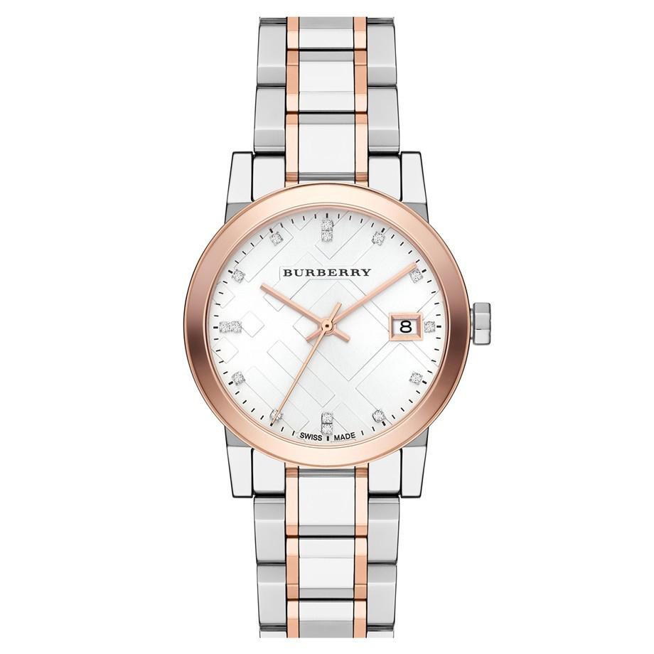 Burberry Ladies Watch Diamond Check Stamped Two Tone Bu9127 -korean beauty