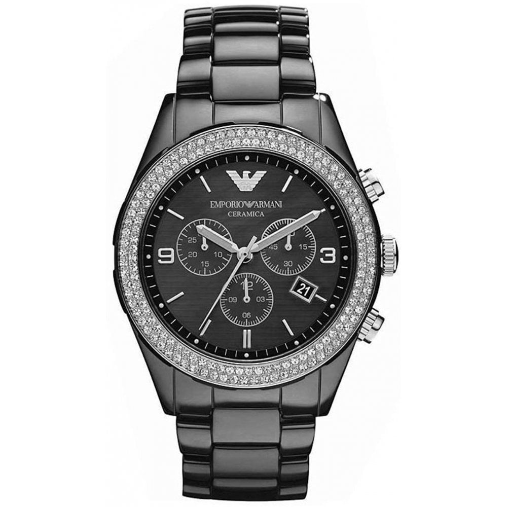 Emporio Armani Ar1455 Ladies Chronograph Ceramica Crystal Black Watch -korean beauty