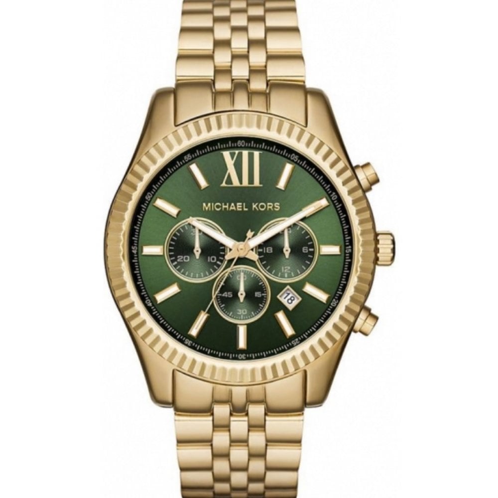 Michael Kors Mk8446 Men S Lexington Chronograph Gold Green Watch -korean beauty