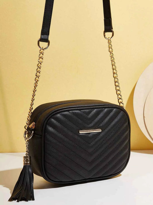 Quilted PU Leather Crossbody Bag with Tassel
