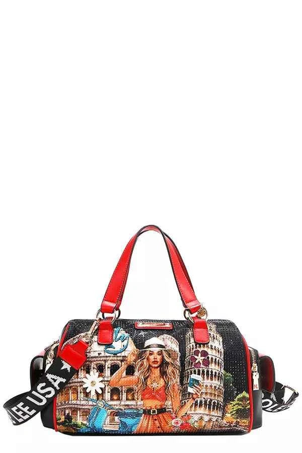 Nicole Lee USA Martha Travels Italy Wide Handbag with Rhinestones