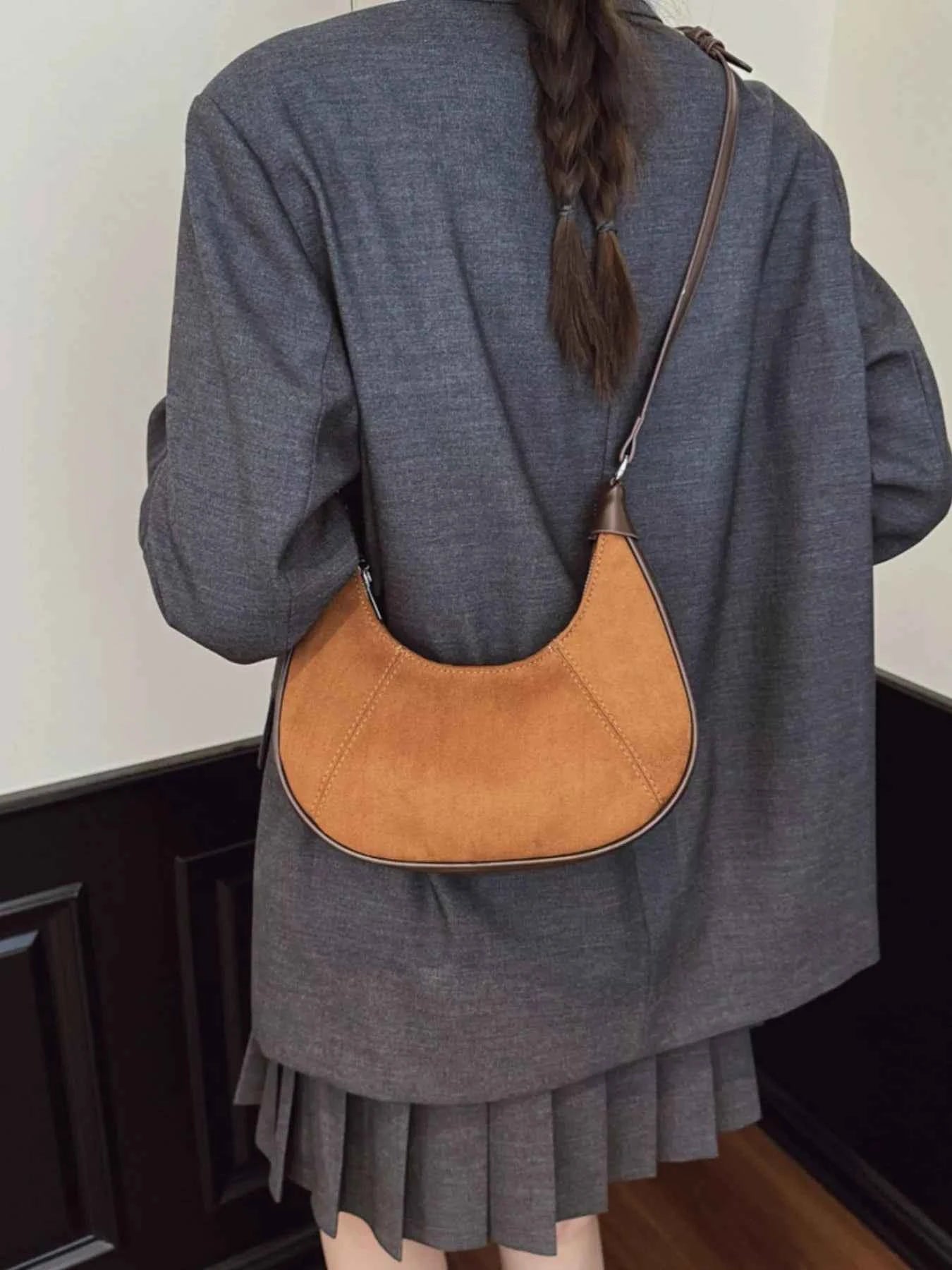 Suede Crescent Shoulder Bag